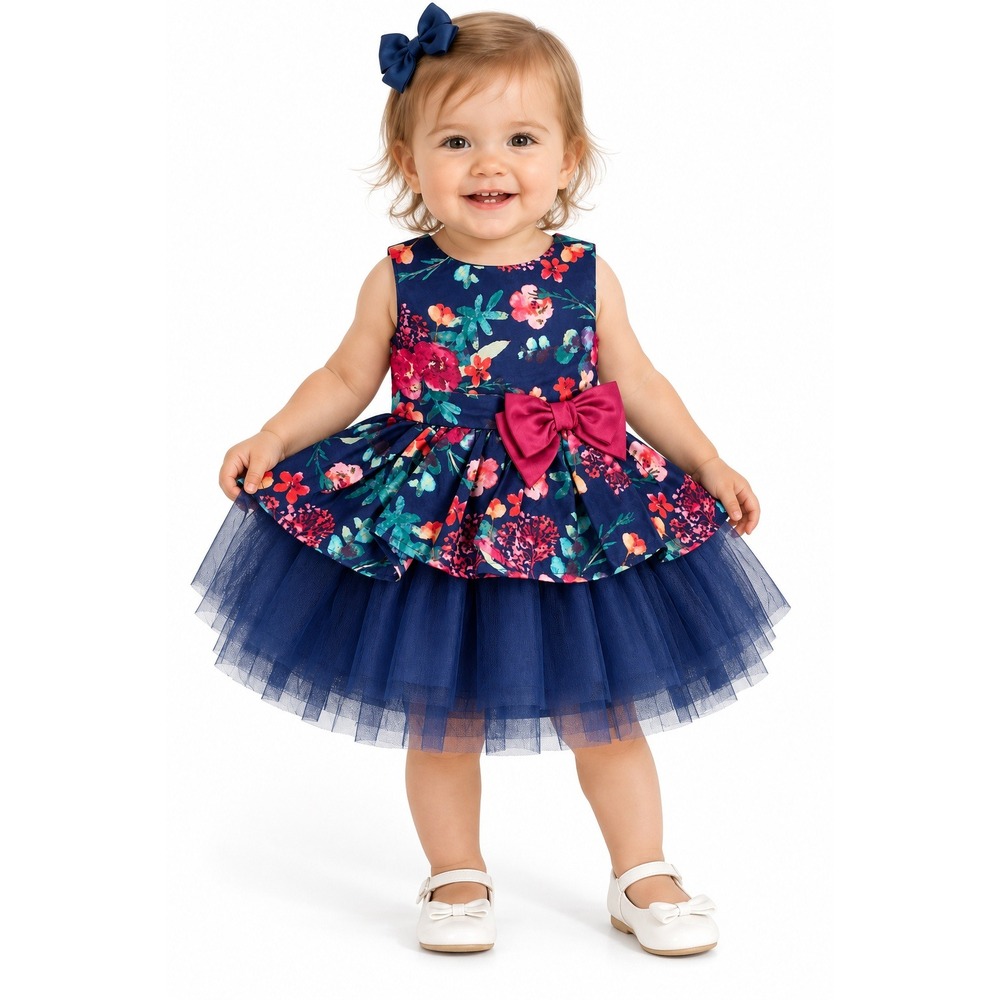 Nannette Baby Girls Navy Blue Floral Tulle Party Dress 12M Special Occasion